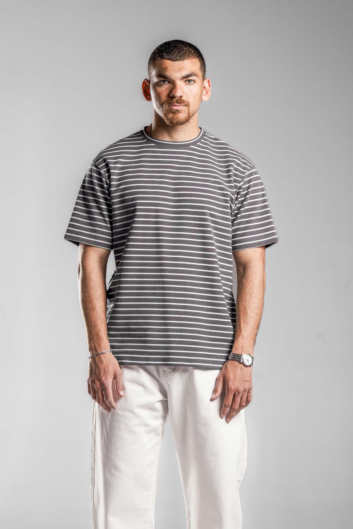 Grey×White STRIPED T-SHIRT